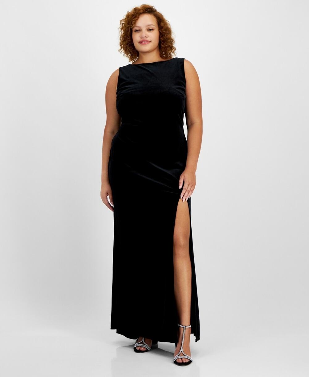 B Darlin Plus Size High-Slit Velvet Low-Back Dress Black Size 18W 3813